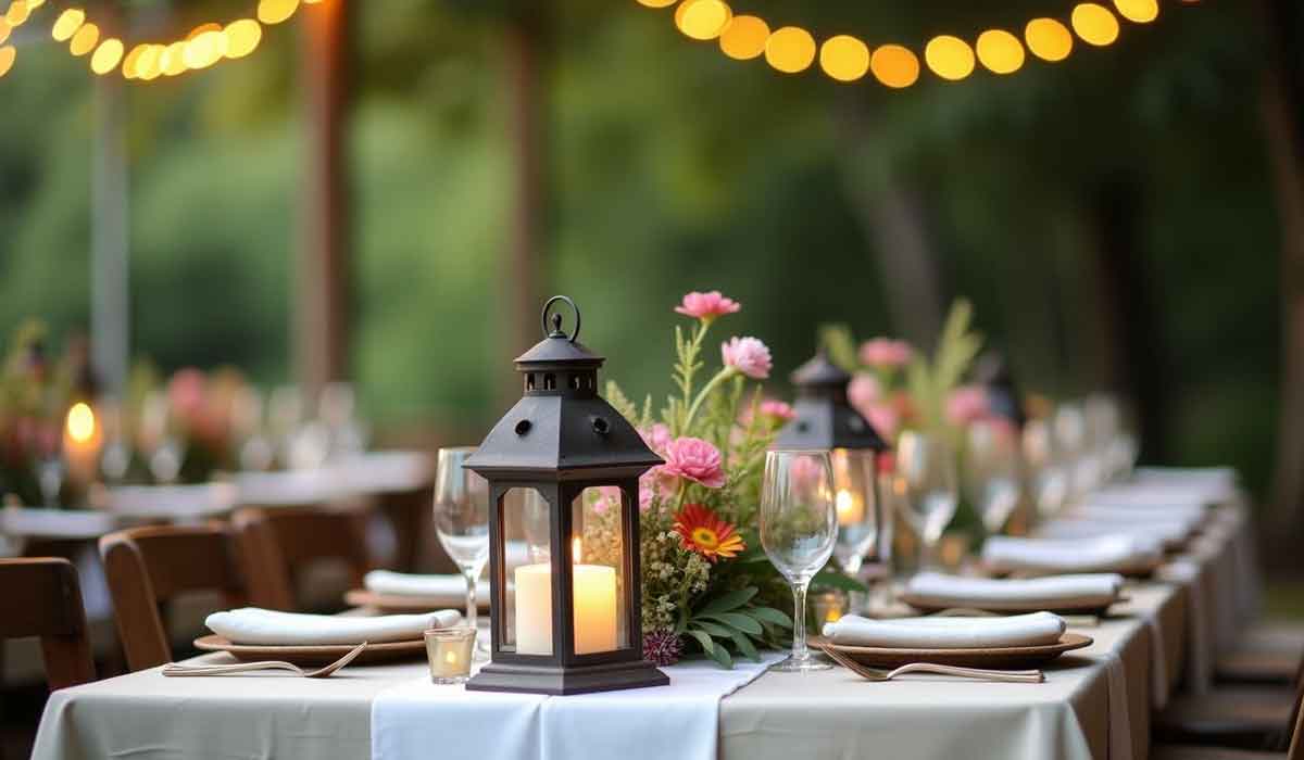 A decorated outdoor dining table with a lantern, candles, flowers, plates, and glassware, set under string lights in a garden setting.