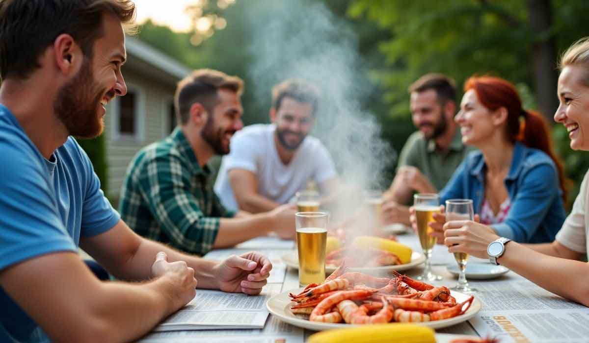Six people sit around an outdoor table, smiling and talking, with plates of shrimp, corn, and glasses of beer in front of them. Steam rises from the food. Trees and a house are in the background.