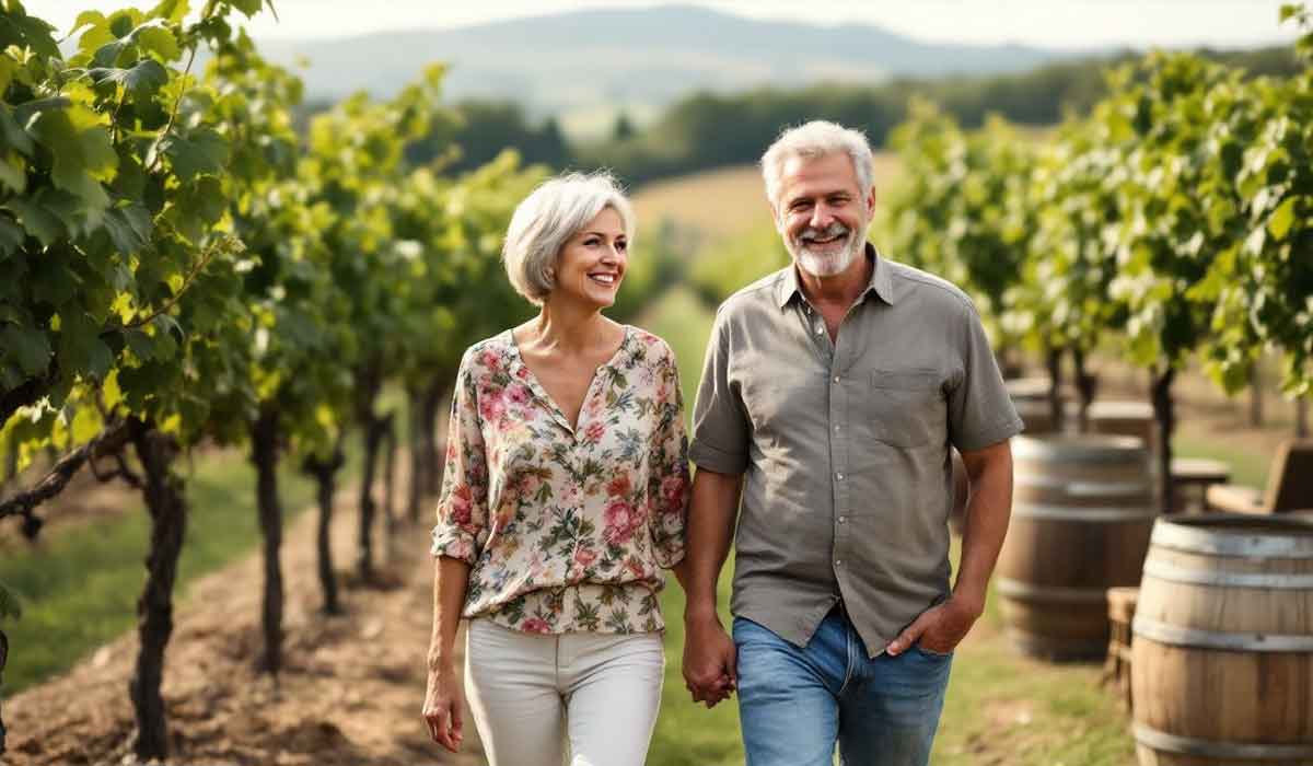Smiling older couple holding hands and walking through a vineyard with green grapevines, wooden barrels, and rolling hills in the background.