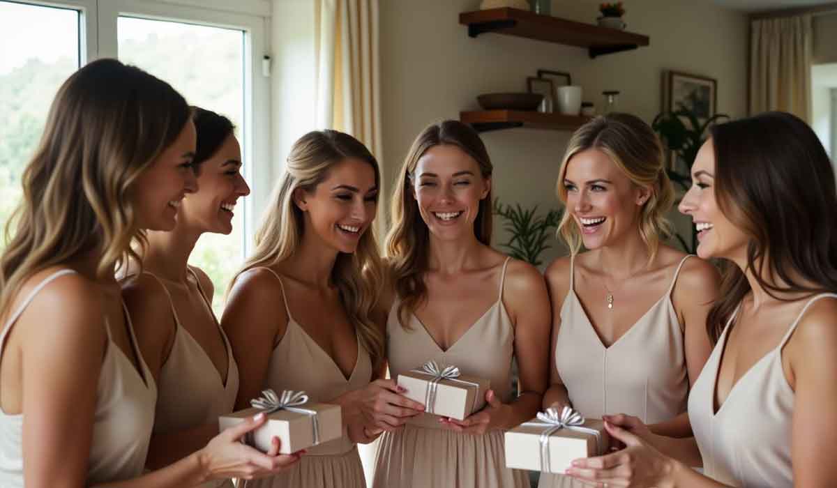 Six women in matching beige dresses stand indoors, smiling and holding small gift boxes with silver ribbons. The room has large windows, shelves, and plants in the background.