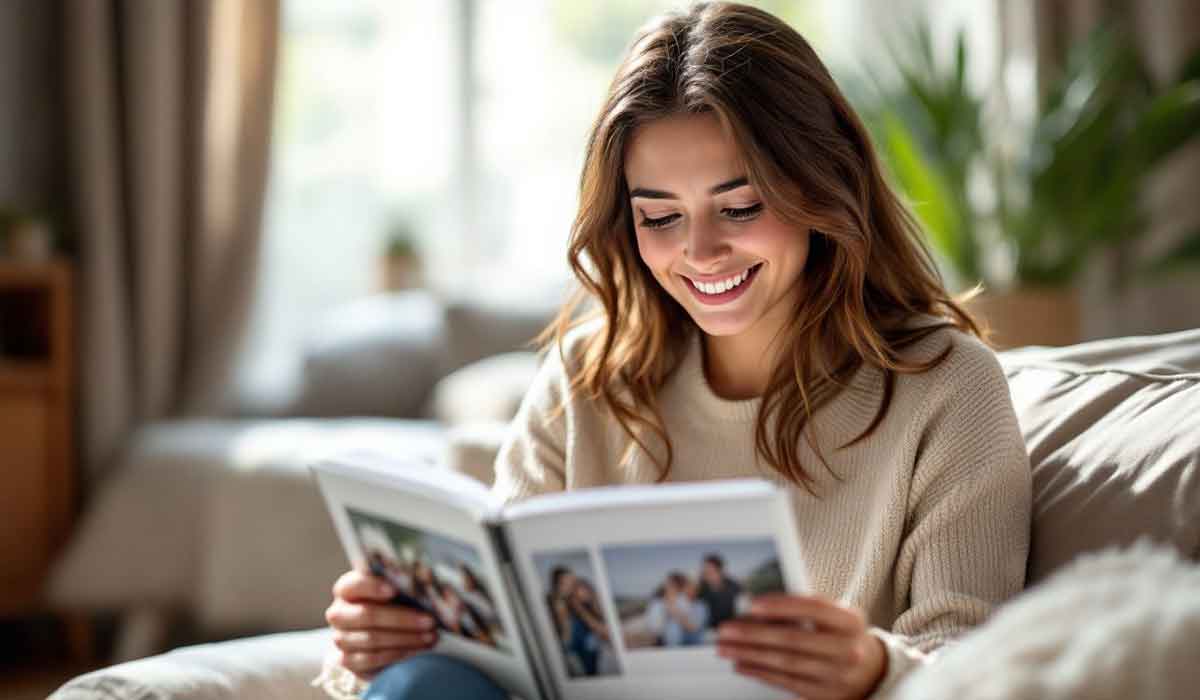 A woman sits on a couch, smiling as she looks through a photo album with pictures. The room is bright and decorated with plants.