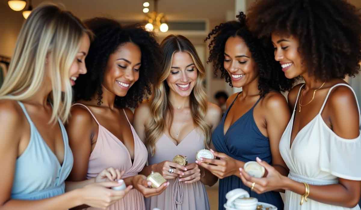 Five women in dresses stand together indoors, smiling and holding small round containers, possibly cosmetics, on a table in front of them.