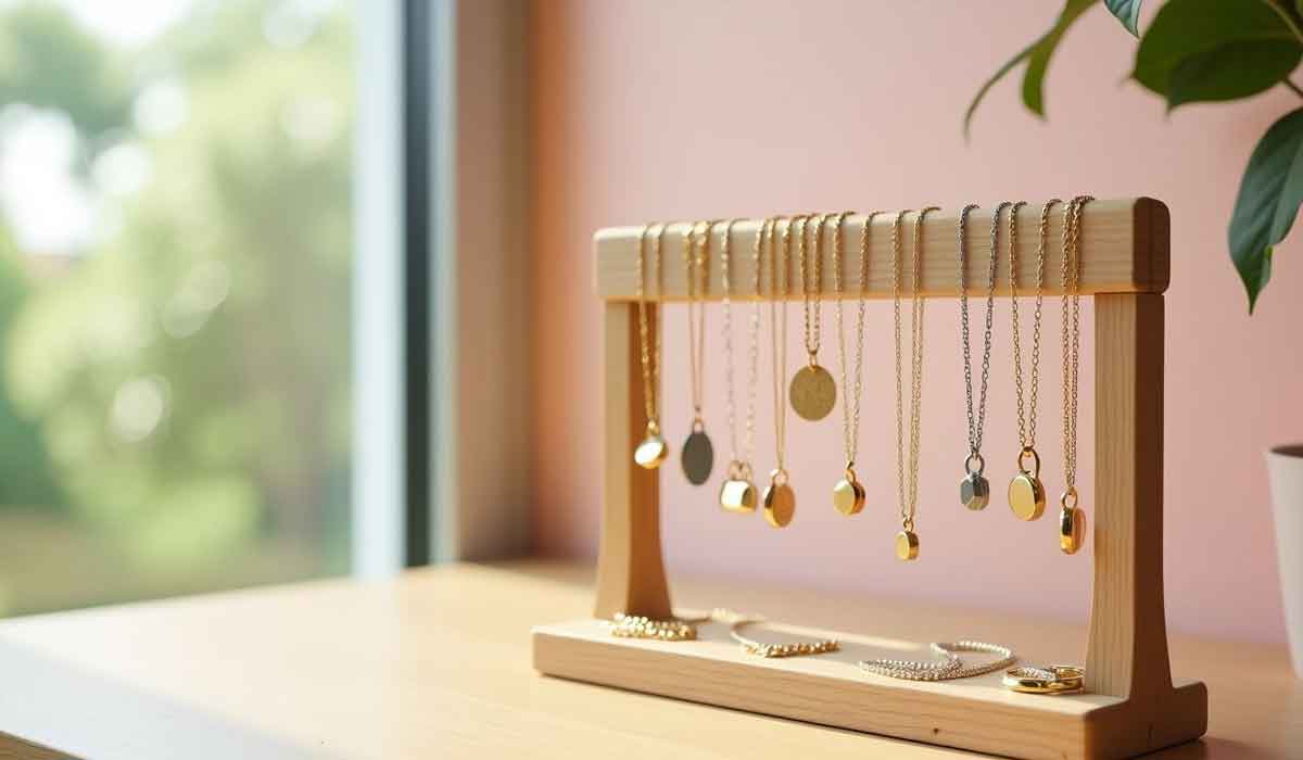 Gold necklaces and bracelets displayed on a wooden jewelry stand placed on a light-colored table near a window with natural light.