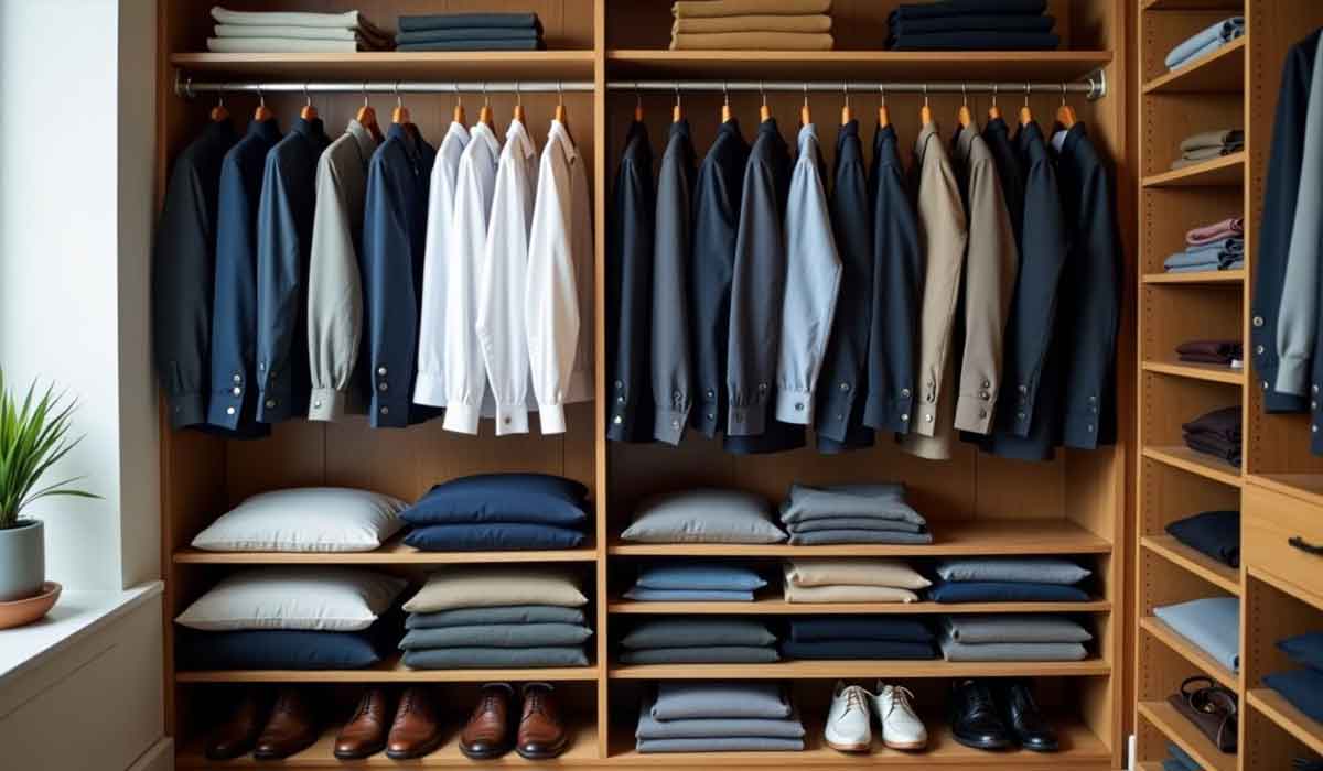 A neatly organized closet with shirts, jackets, folded pants, pillows, and shoes arranged on wooden shelves and hangers.