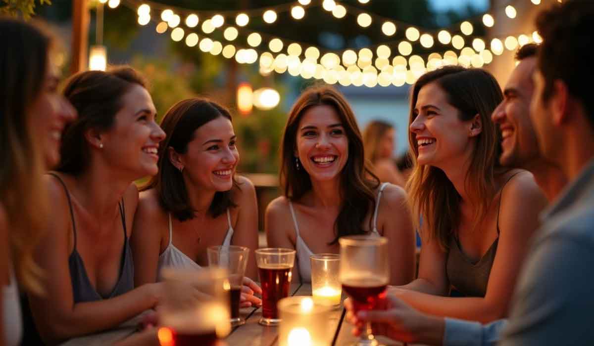 A group of people sit at an outdoor table with drinks, smiling and talking under string lights in the evening.