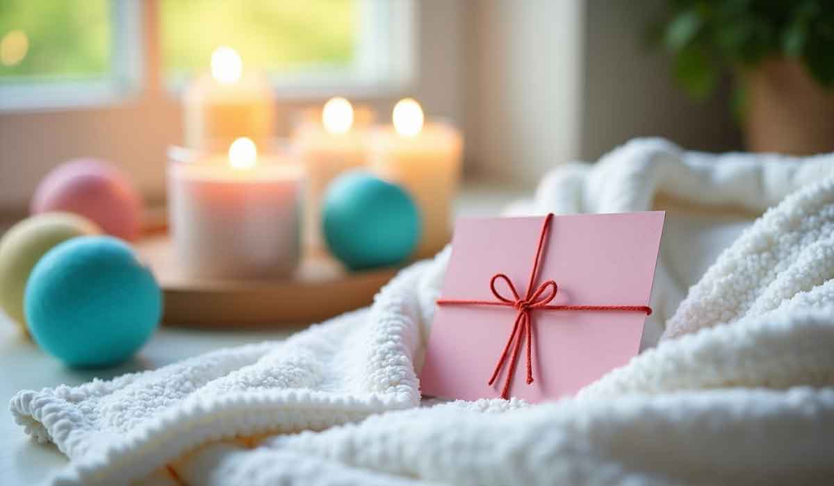 A pink envelope tied with red string rests on a white blanket, with lit candles and colorful spheres on a tray in the background.