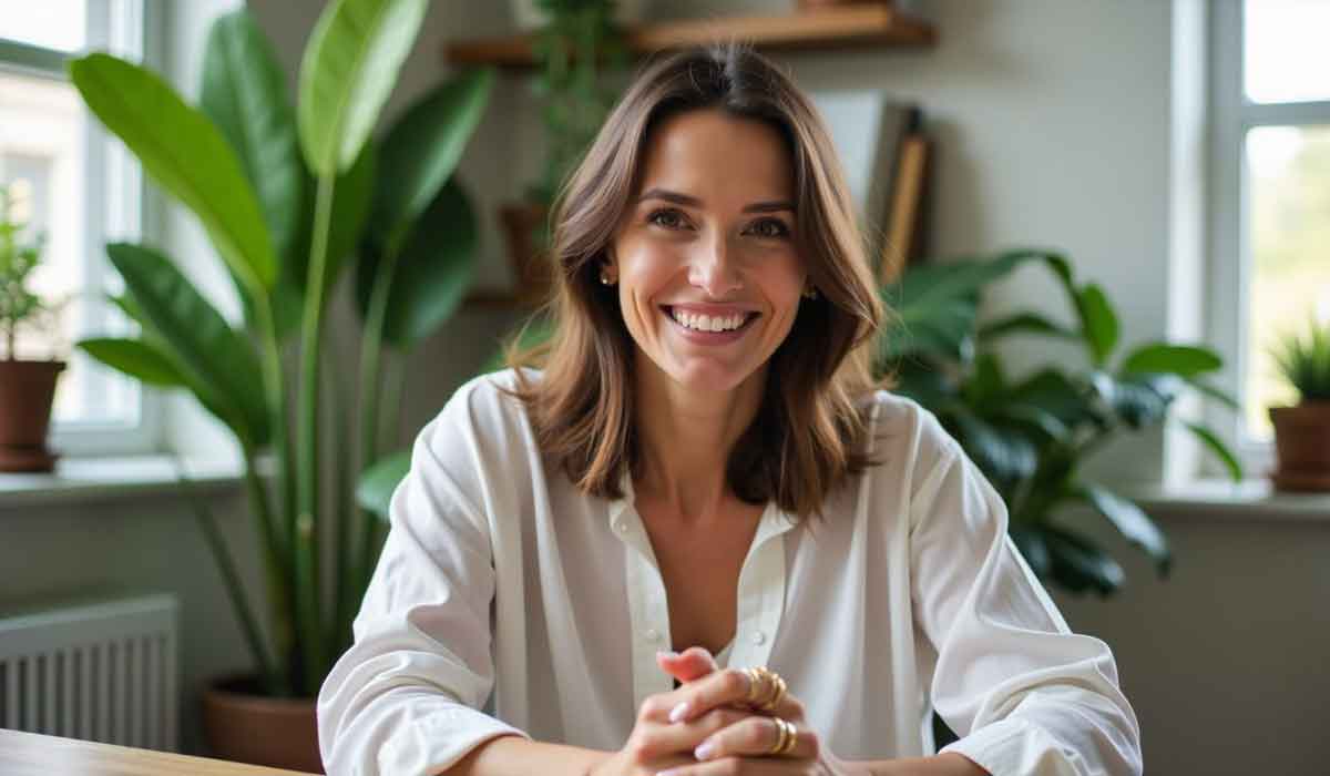 A woman with shoulder-length brown hair, wearing a white shirt, sits at a table in a bright room with green plants and shelves in the background, smiling at the camera.