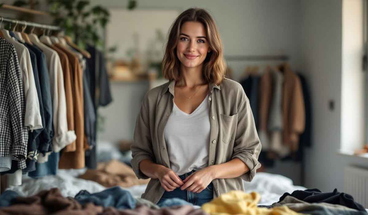 A woman stands in a room with racks of clothes and folded garments on a table, smiling at the camera.