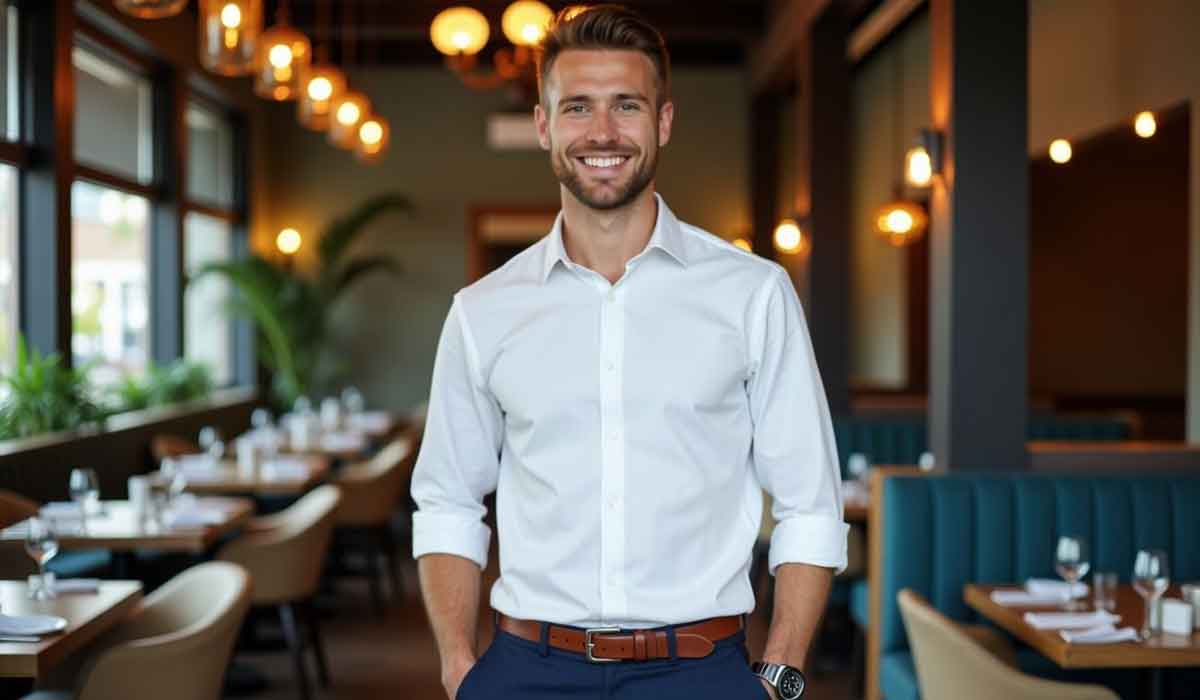 A man in a white shirt stands smiling in a modern restaurant with set tables, green booths, and warm lighting.