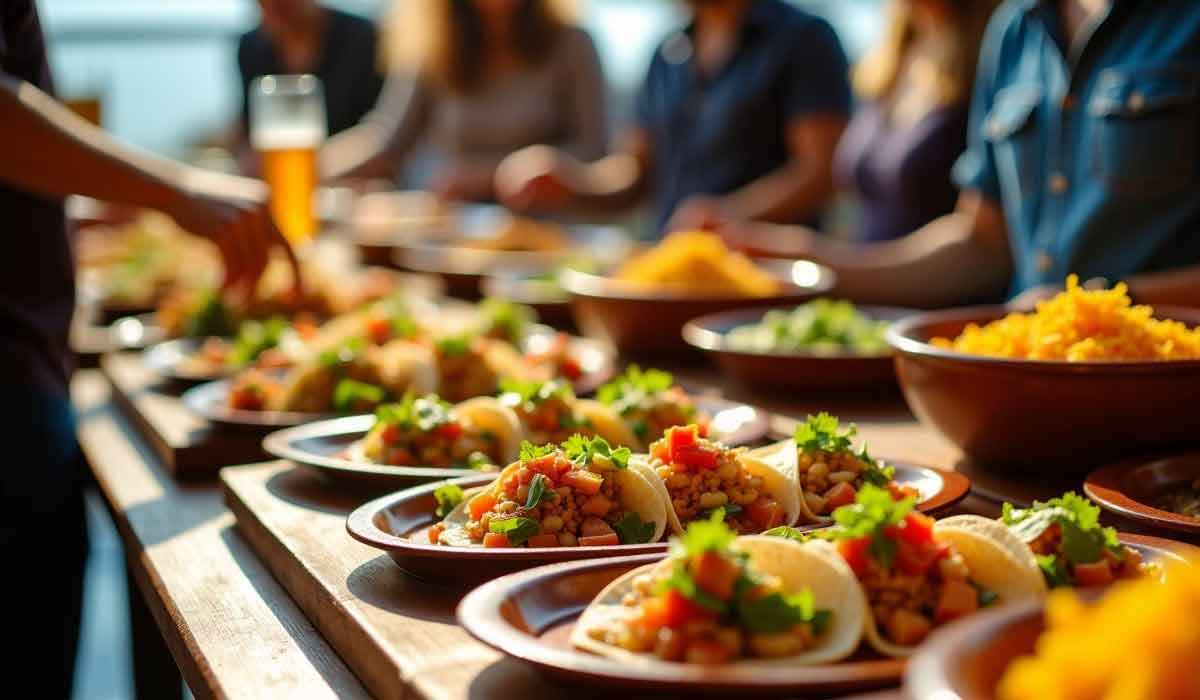 Plates of tacos with various toppings are arranged on a table, surrounded by bowls of rice and other foods, with people serving themselves in the background.