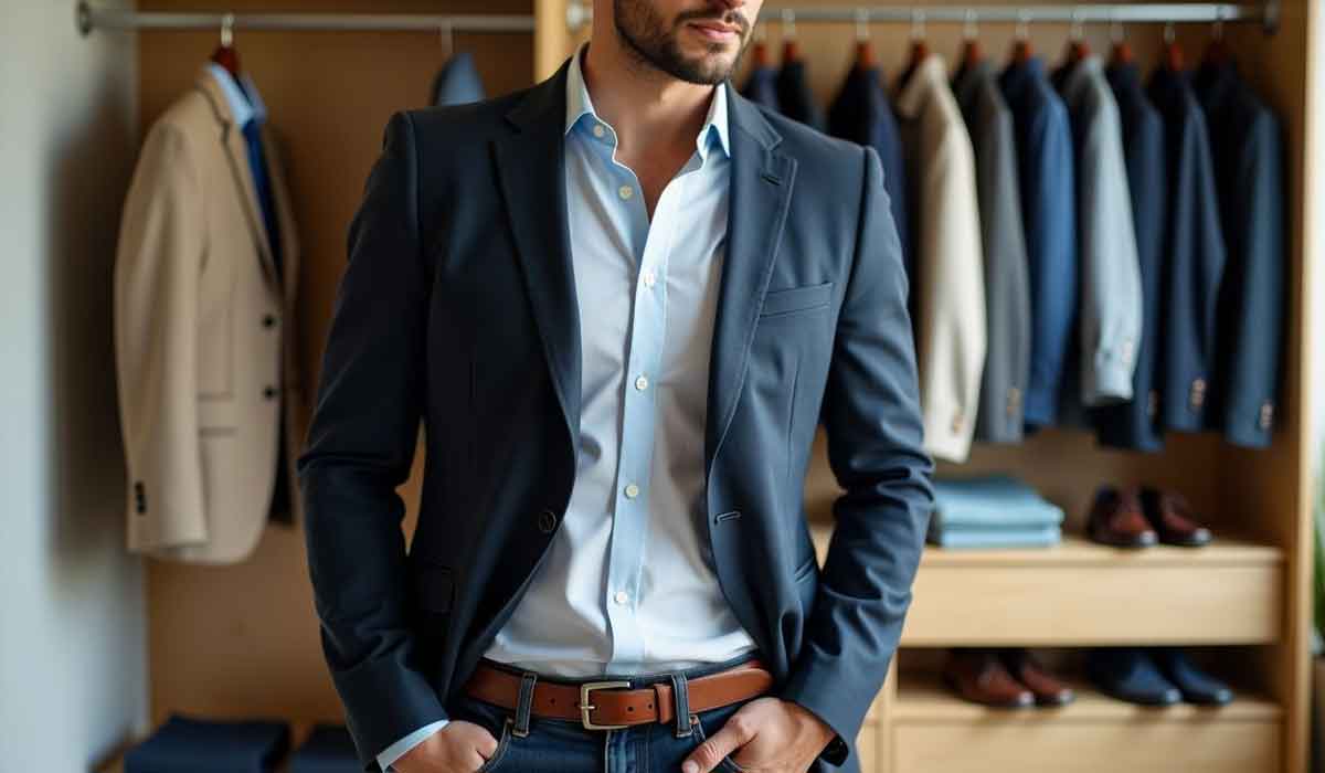 Man in a dark blazer and blue shirt stands in front of a wardrobe with various jackets and shoes neatly arranged.