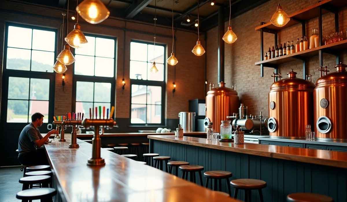 A person sits alone at a long wooden bar in a brewery with large copper tanks, hanging lights, and shelves with bottles.