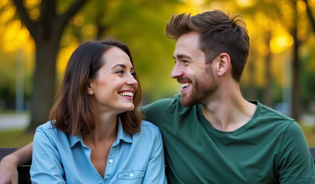 A woman and a man sit on a bench outdoors, smiling at each other, with trees and yellow foliage blurred in the background.
