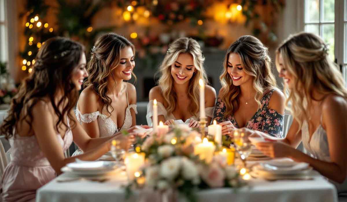 Five women in dresses sit at a candlelit table decorated with flowers, holding menus and smiling, in a warmly lit indoor setting.