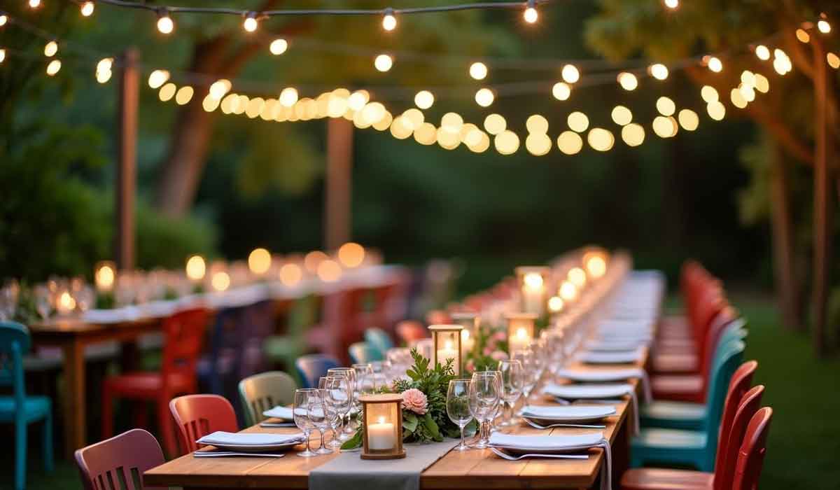 Outdoor dinner table setup with string lights overhead, colorful chairs, glassware, plates, and candles arranged along a long table, surrounded by greenery in the evening.