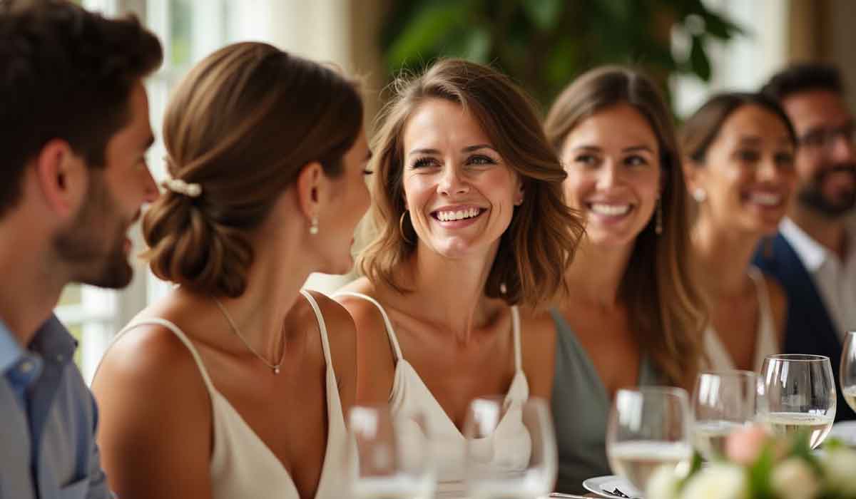 A group of people dressed formally sit at a table, smiling and conversing, with glasses and flowers in front of them in a bright indoor setting.