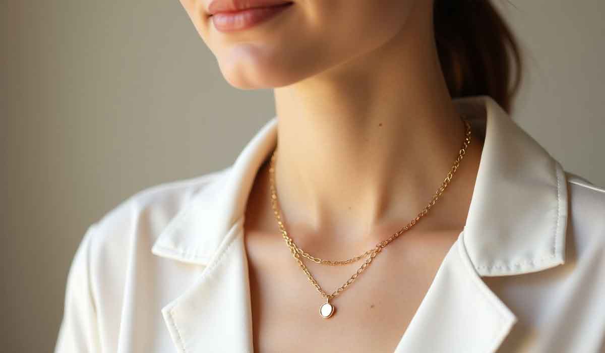 A woman wearing a white blouse and two gold chain necklaces, one with a small round pendant, is shown from the shoulders up.