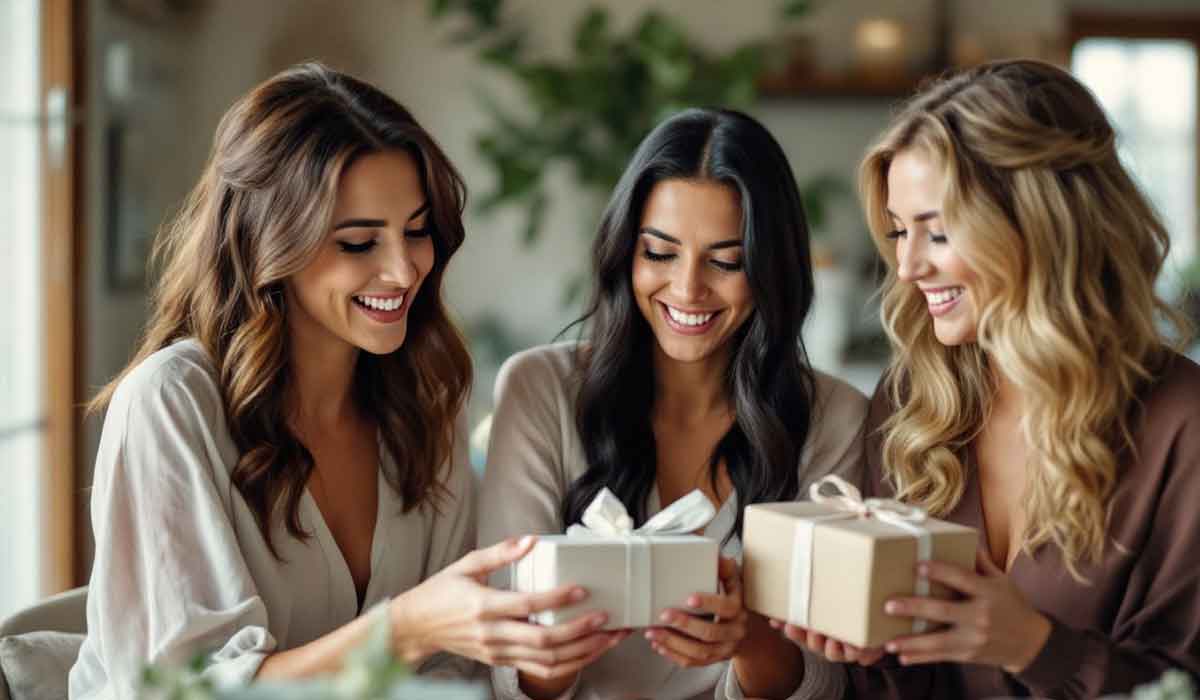Three women sit indoors, smiling and holding wrapped gift boxes tied with ribbons, appearing to exchange presents in a well-lit, cozy room.