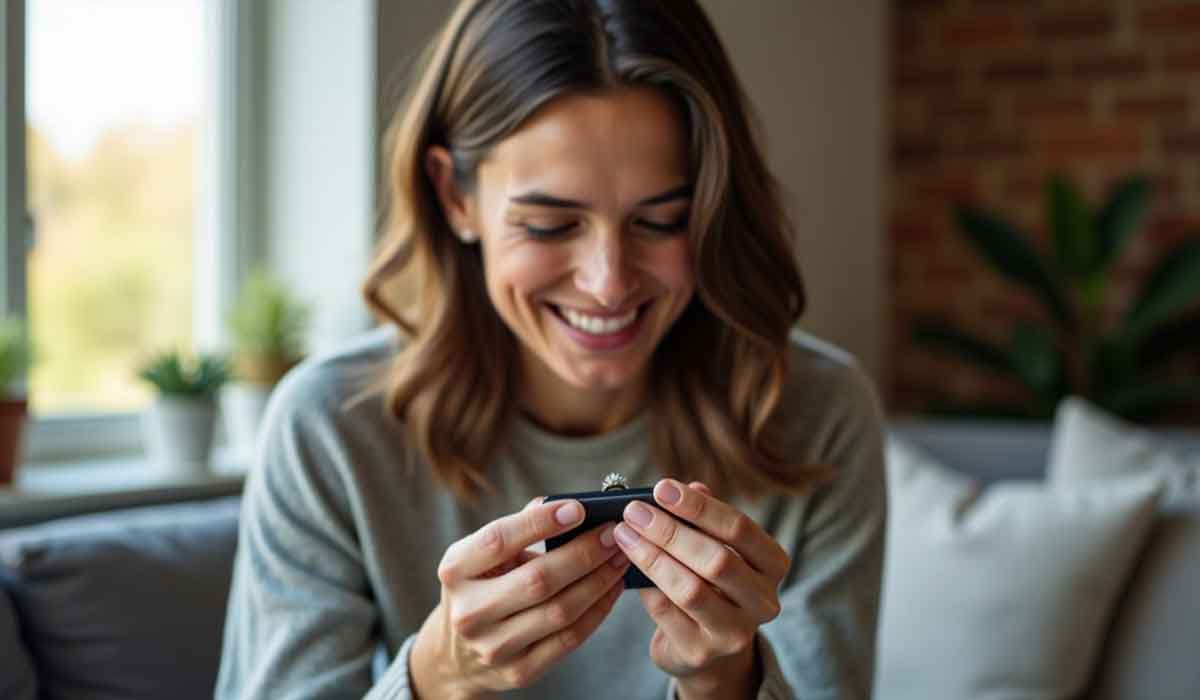 Smiling woman holding and looking at an open ring box while sitting indoors, with a blurred background of plants and a window.