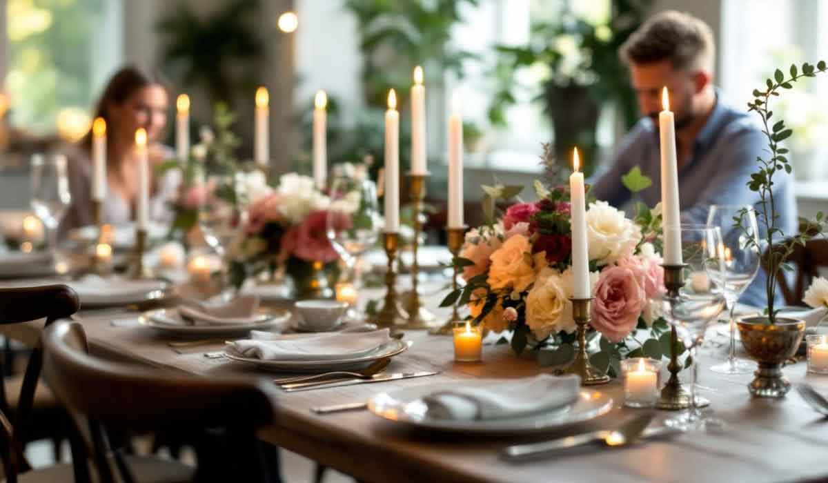 Elegant dining table set with plates, glasses, flowers, and lit candles. Two people sit in the background, partially out of focus. Lush greenery and soft lighting fill the room.