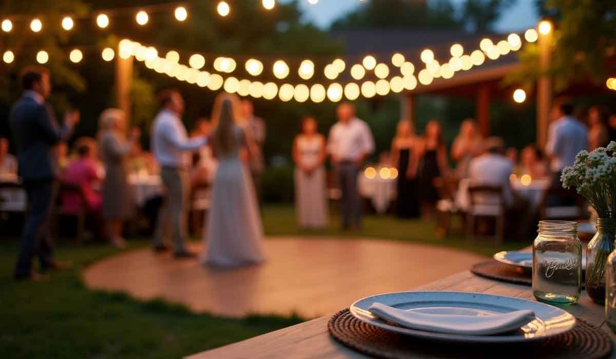 An outdoor wedding reception at dusk with string lights overhead, guests seated at tables, and a couple dancing in the center.