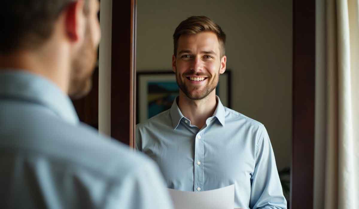 A man in a light blue shirt stands in front of a mirror, smiling, and holding a sheet of paper.