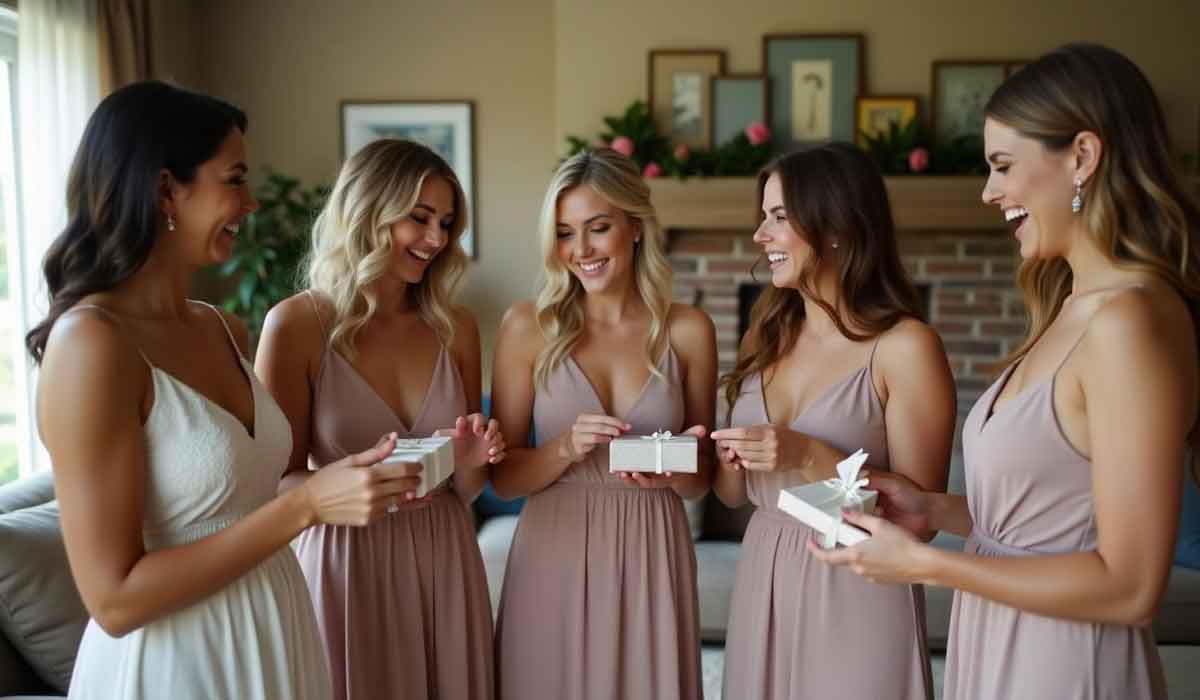 Five women in dresses stand indoors, smiling and exchanging small gift boxes, with a decorated mantel and framed pictures in the background.