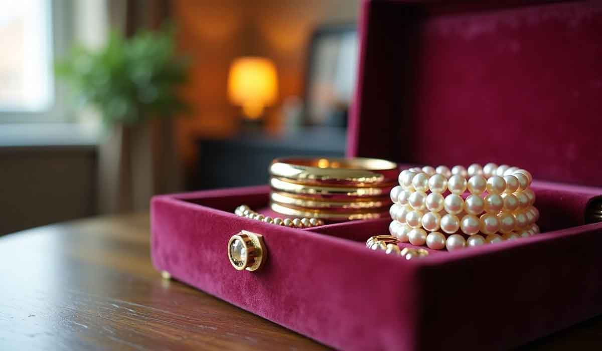 A red velvet jewelry box containing gold bangles, a pearl bracelet, and a gold ring on a wooden table with a blurred background.