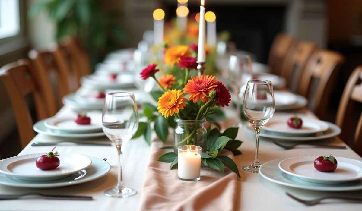 A long dining table set with plates, wine glasses, candles, and a centerpiece of orange and yellow flowers.