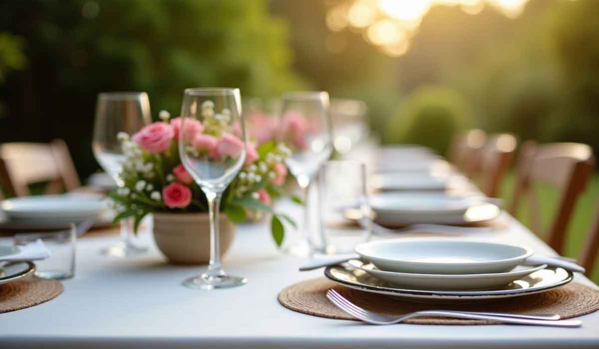 Outdoor dining table set with white plates, wine glasses, cutlery, and a floral centerpiece. The scene is sunlit with greenery in the blurred background.