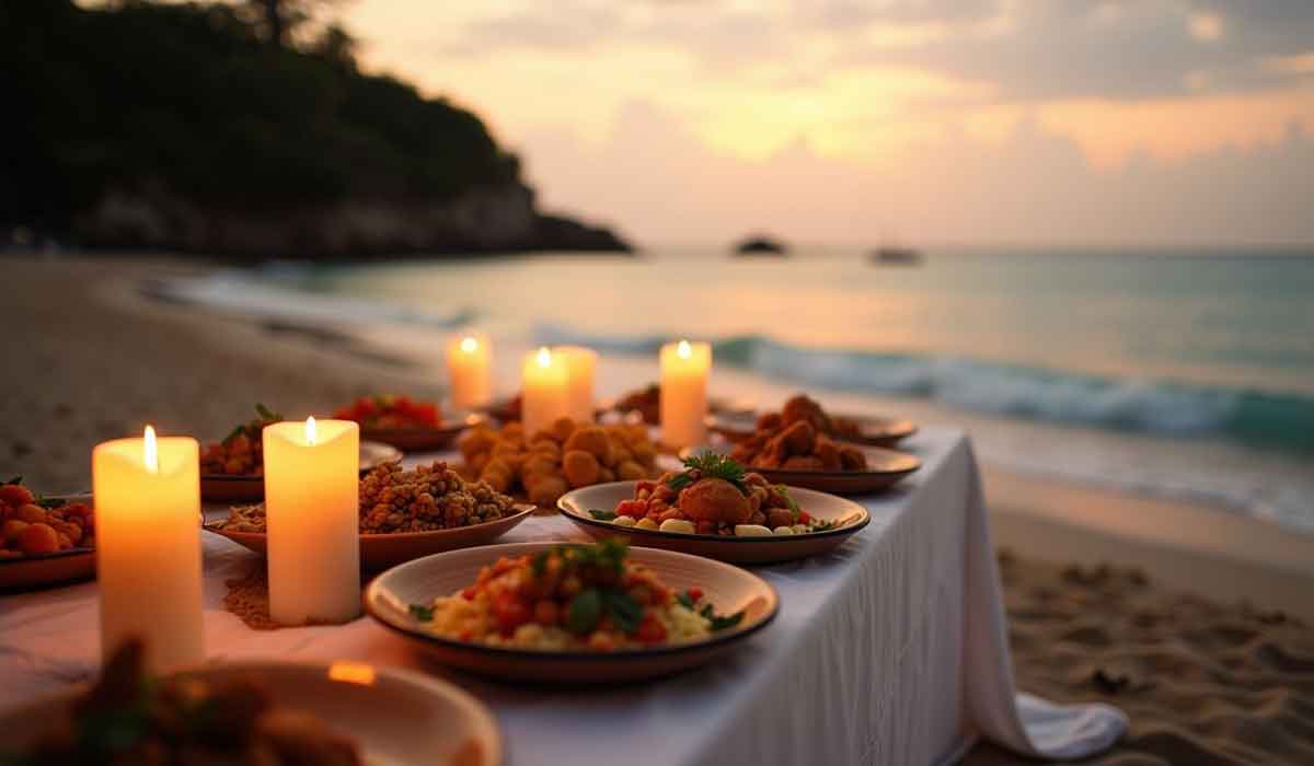 A table set with assorted dishes and lit candles stands on a sandy beach at sunset, with the ocean and sky in the background.