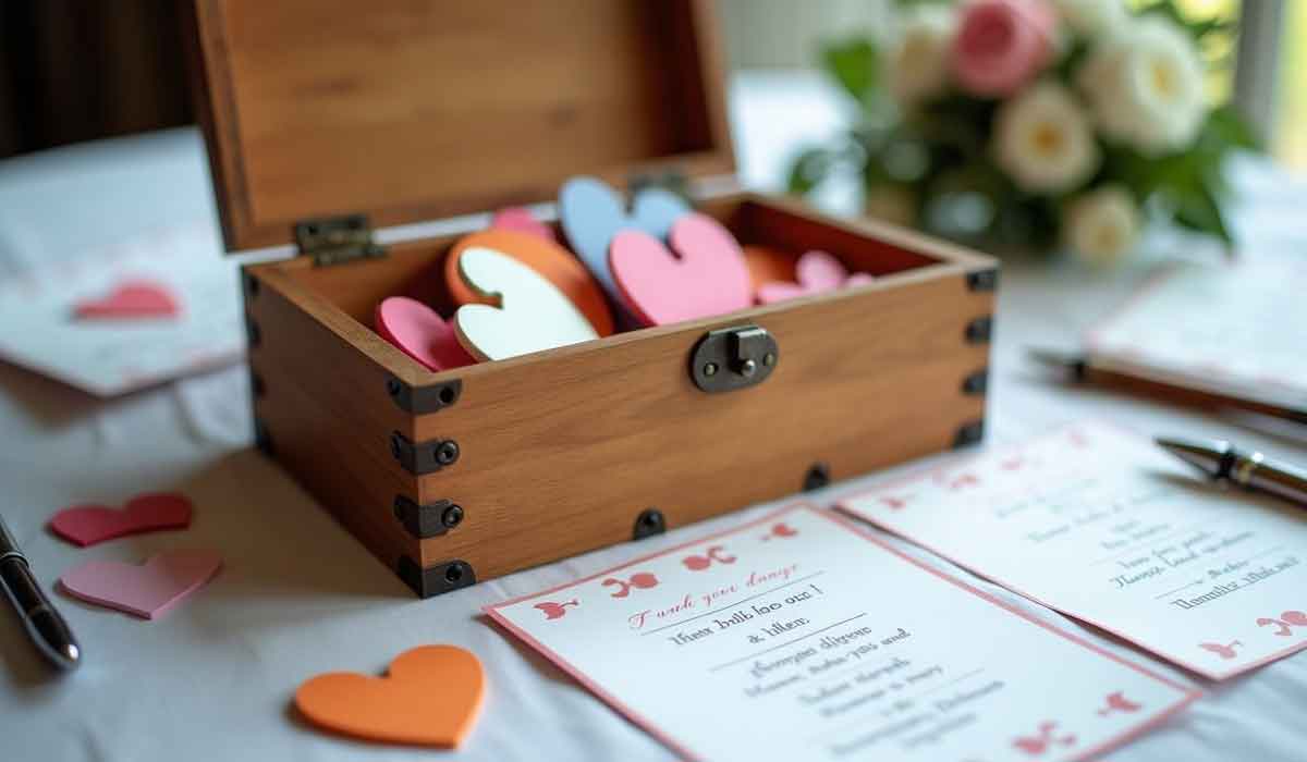 A wooden box filled with colorful paper hearts sits on a table next to invitation cards, pens, and a bouquet of flowers.