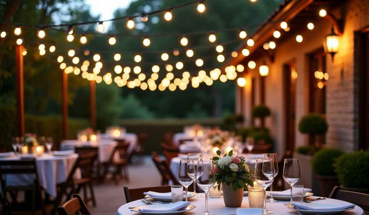 Outdoor dining area with round tables, white tablecloths, floral centerpieces, and string lights hanging overhead in the evening.
