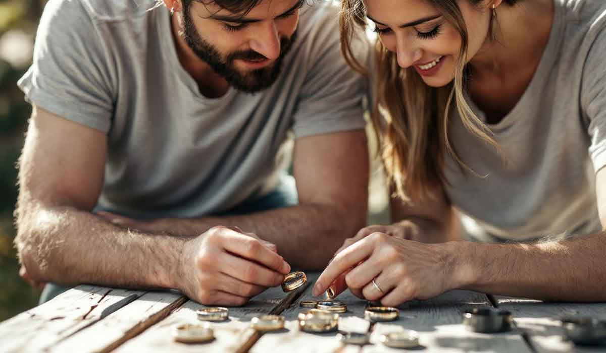 A man and woman examine and compare several coins on a wooden table outdoors, both smiling and focused on the coins.