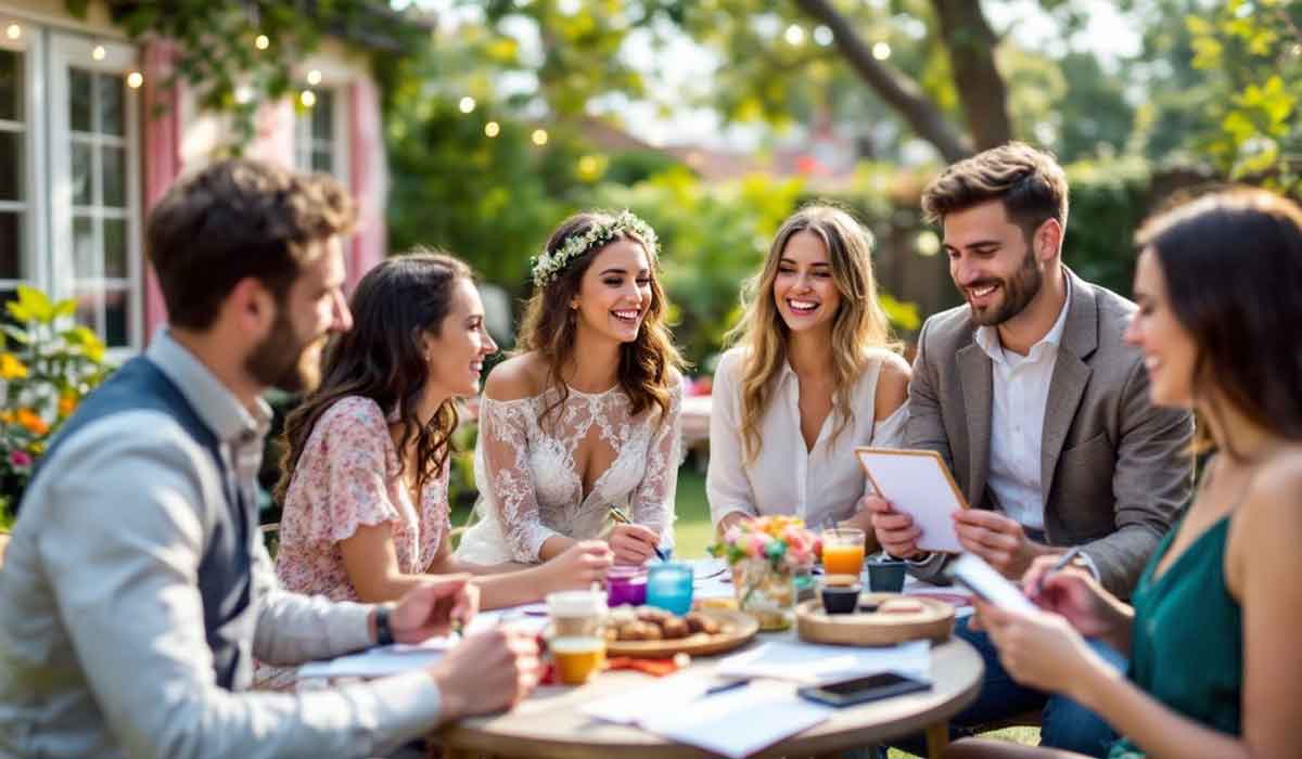 Six people sit around a table outdoors, smiling and talking. One woman wears a bridal gown and flower crown. Breakfast foods, drinks, and papers are on the table. Garden setting with blurred lights.