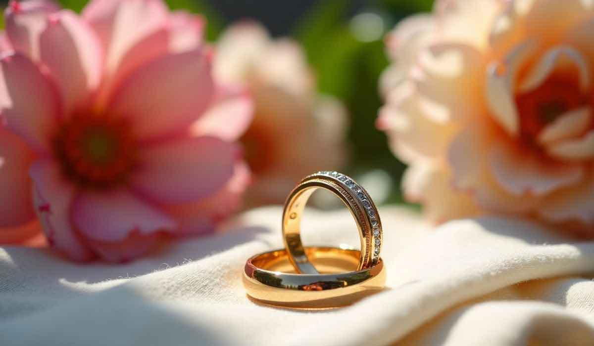 Two gold wedding rings, one with diamonds, rest on a light fabric with pink flowers in the background.