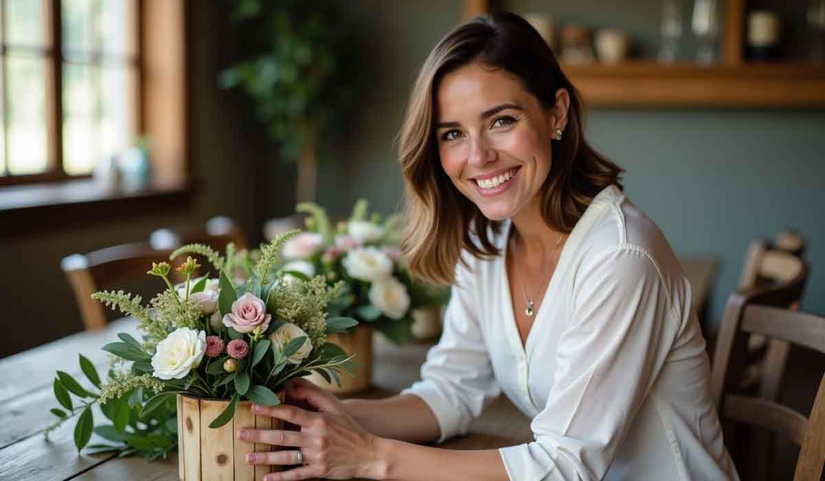 Woman smiling at a table, arranging a wooden box filled with fresh flowers in a sunlit room with floral decorations in the background.