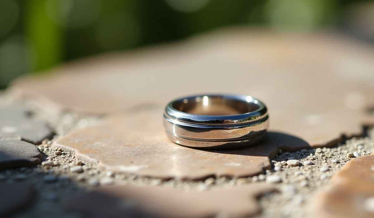 A silver ring rests on a flat stone surface outdoors, with a blurred green background.