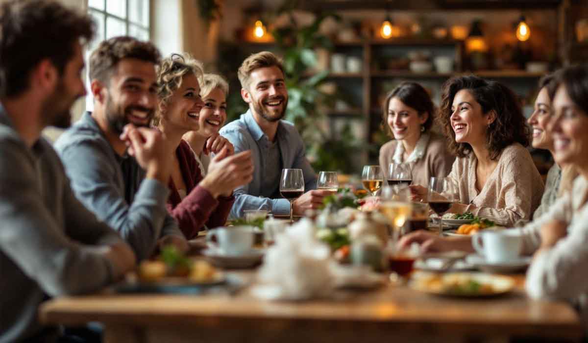 A group of people sit around a table in a restaurant, smiling and talking, with drinks and food in front of them.