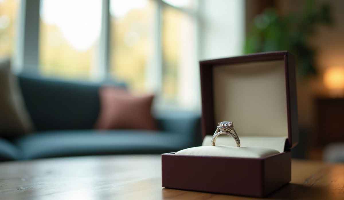 A diamond ring in an open brown ring box sits on a wooden table in a living room with a sofa and cushions in the background.