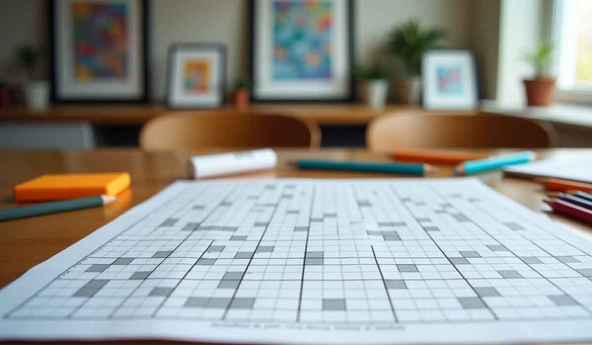 A partially filled crossword puzzle lies on a table with colored pencils, sticky notes, and framed art in the background.