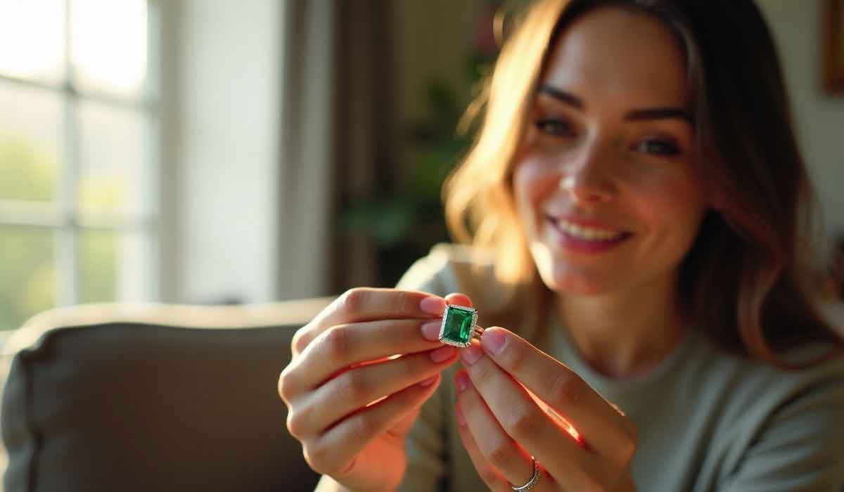 A person sits indoors, holding a small green computer chip close to the camera, smiling.