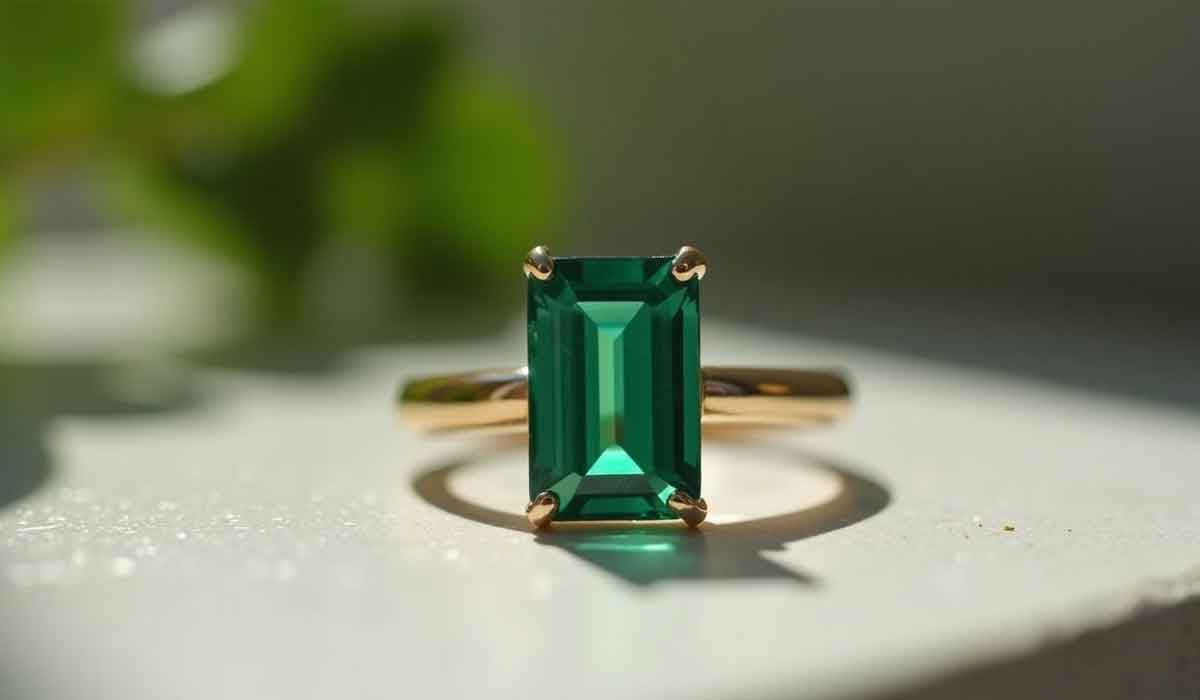 A gold ring featuring a rectangular emerald-cut green gemstone displayed on a light surface with a blurred green background.