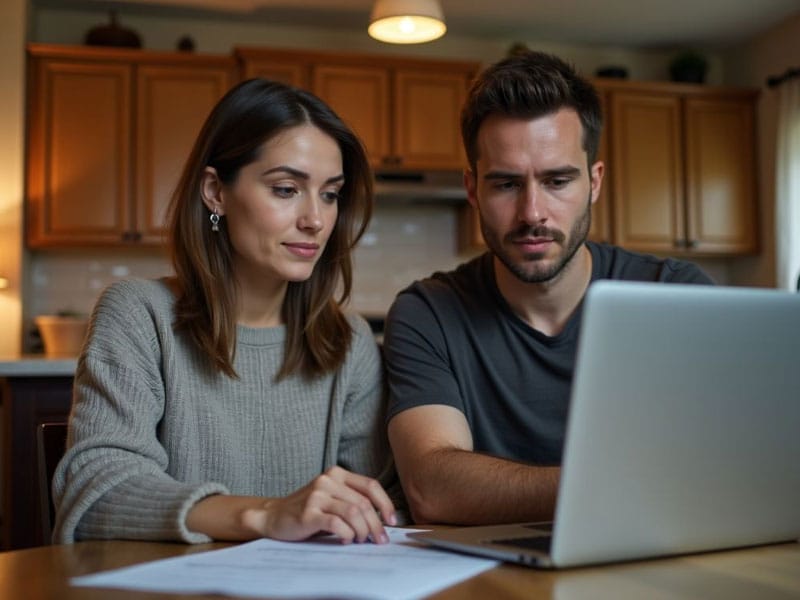 A woman and a man sit at a kitchen table, looking intently at a laptop screen with papers in front of them.