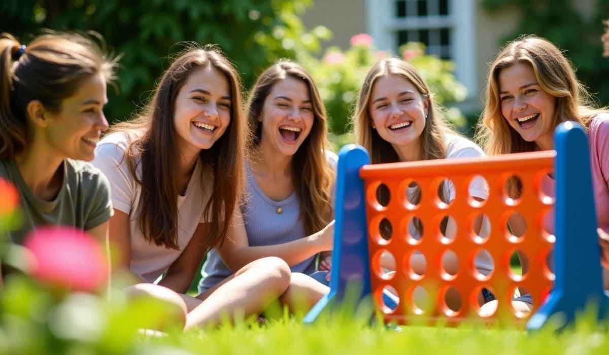 Five young women sit on grass outdoors, smiling and playing a large Connect Four game on a sunny day.