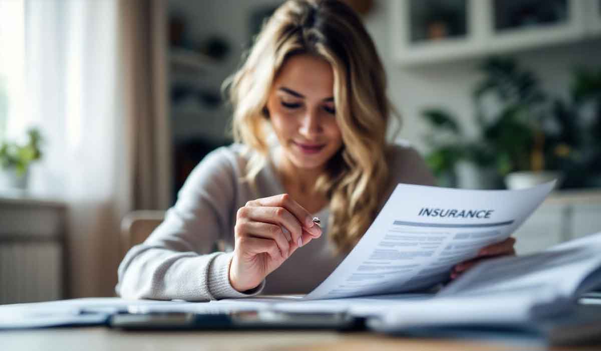 A woman sits at a table reading an insurance document, holding a pen. Papers, a calculator, and a notebook are on the table.