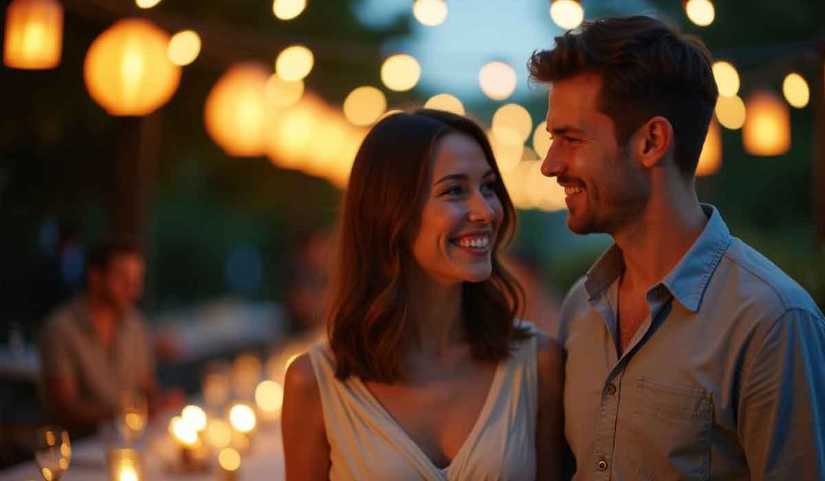 A smiling couple stands close together at an outdoor evening event with string lights and candles illuminating the background.