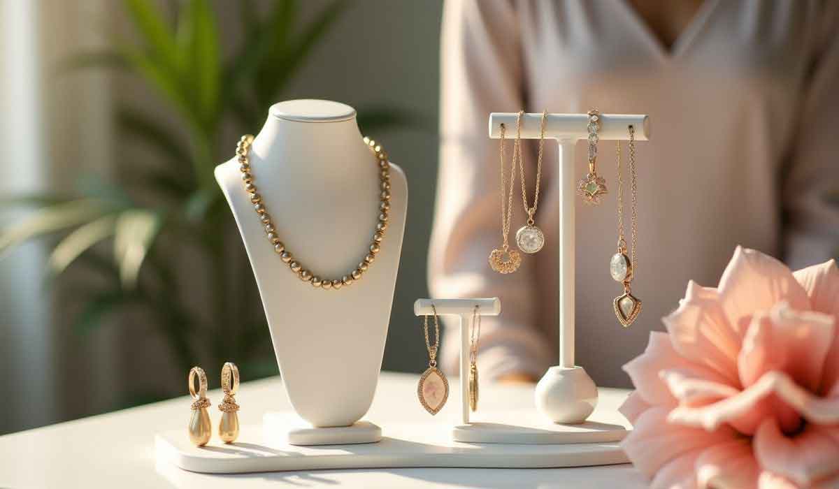 A display of gold and silver jewelry including necklaces, earrings, and a bracelet on white stands, set on a table with a pink flower and a blurred person in the background.