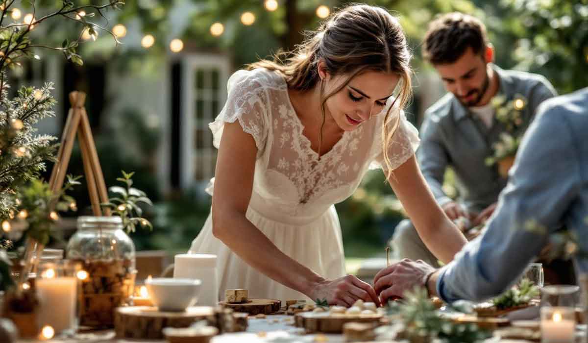A woman in a white dress arranges items on an outdoor table decorated with candles and greenery, while two people assist nearby.