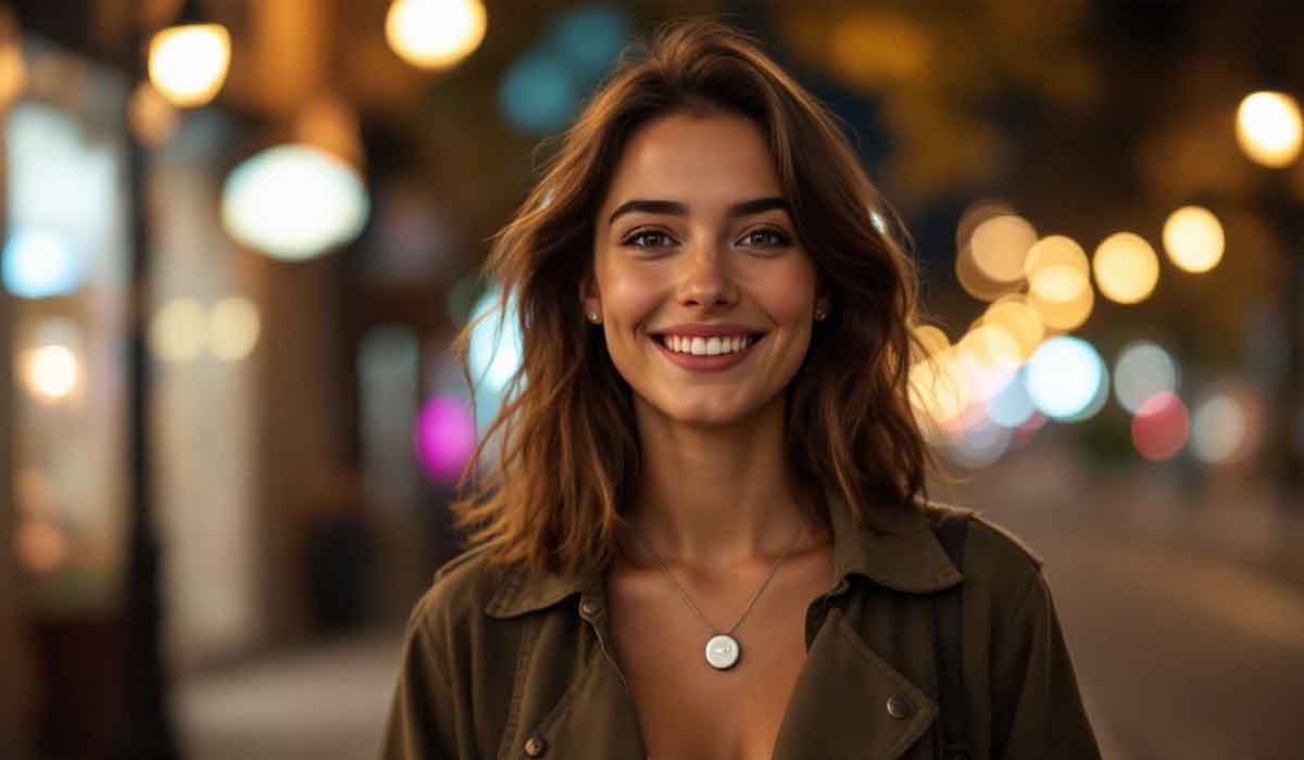 A woman with shoulder-length hair smiles at the camera while standing on a city street at night, with blurred lights in the background.